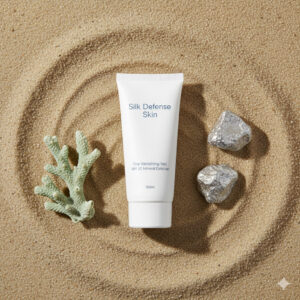 Silk Defense Skin Vanishing Veil SPF 50 mineral sunscreen tube on sand with coral and metallic stones